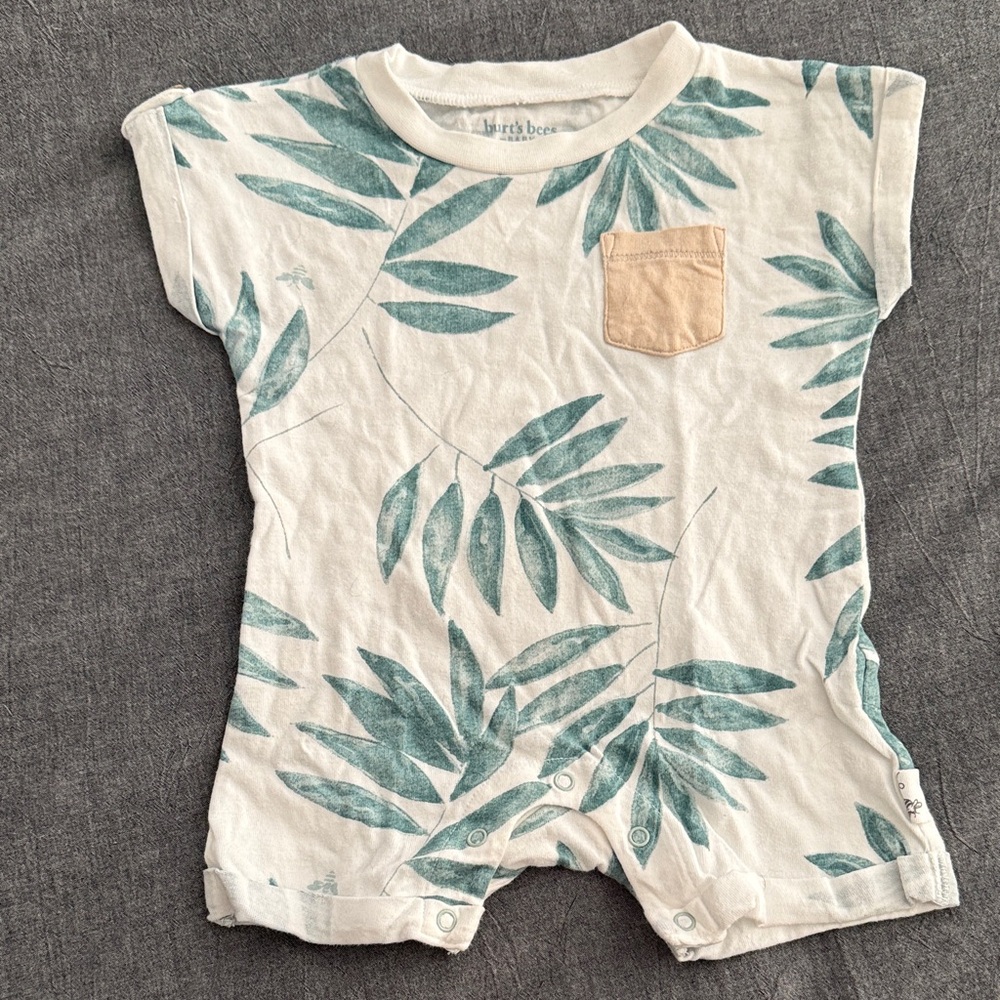 Burt's Bees Baby White and Teal Printed Romper